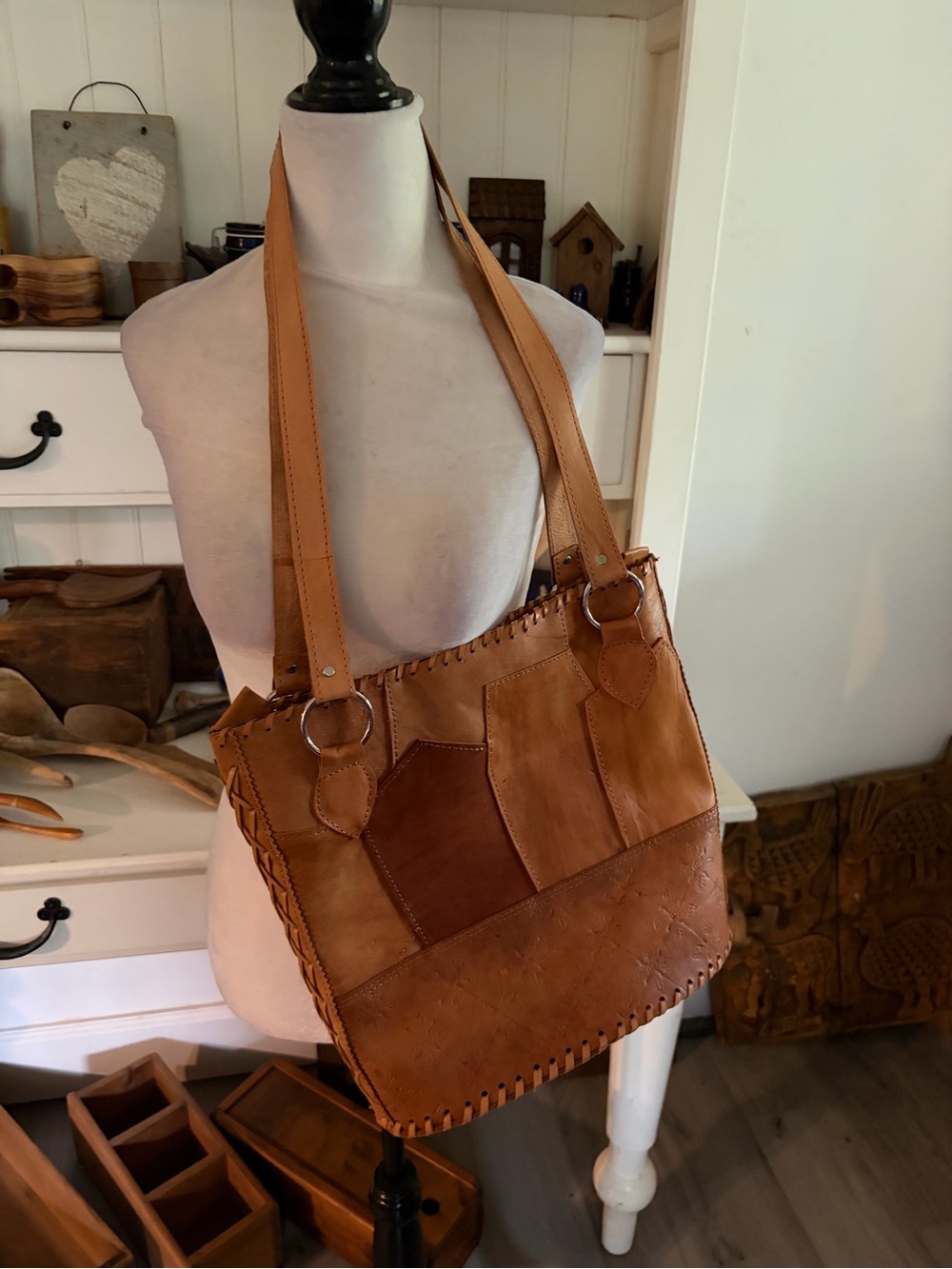Vintage Tan Leather Patchwork Shoulder Bag - Unbranded